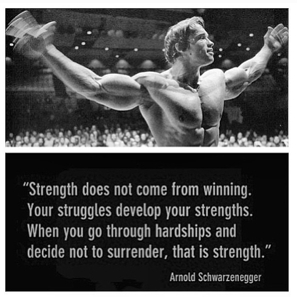"Strength does not come from winning. Your struggles develop your strengths. When you go through hardships and decide not to surrender, that is strength." – Arnold Schwarzenegger